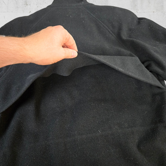 90s Vintage Black Wool Blend Toggle Closure Leather Trim Overcoat Size Medium - Picture 12 of 13